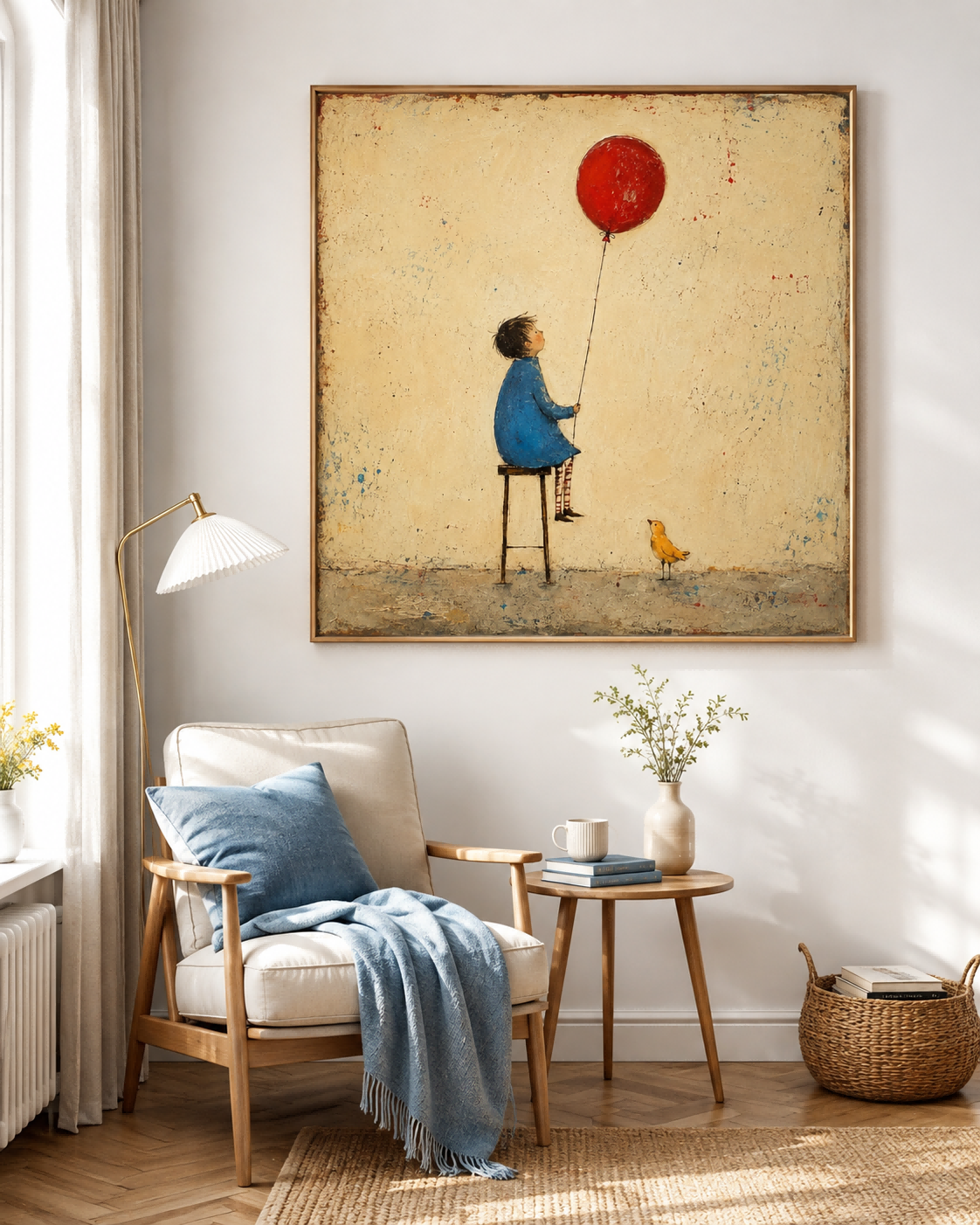 Retro Fairy Tale Illustration Original Canvas Painting Beige Blue Hand-Painted Child With Red Balloon And Bird Vintage Canvas Art