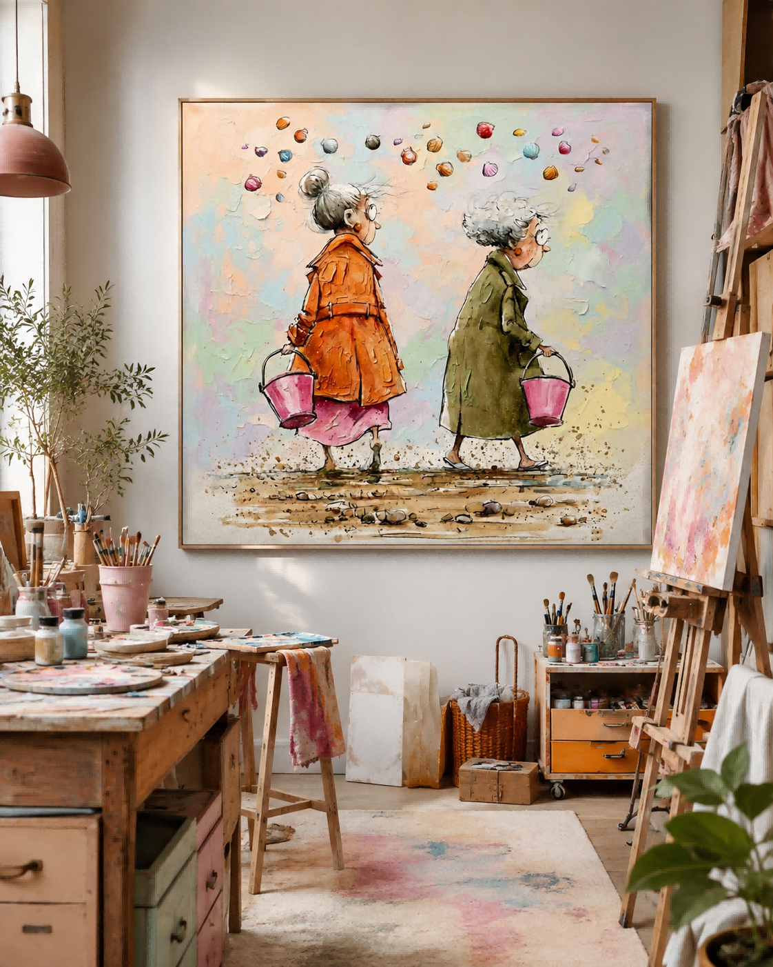 Square Wall Art For Living Room Featuring Whimsical Beach Scene With Two Ladies