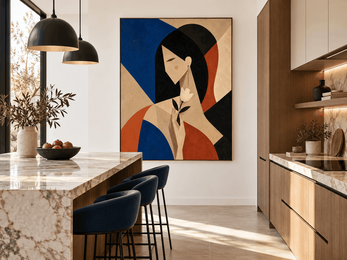 Modern Geometric Romantic Art Print With Royal Blue And Brick Red