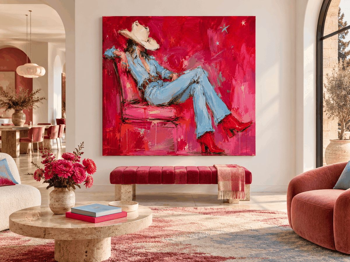 Modern Graffiti Style Original Canvas Painting With Vintage Western Theme And Texture