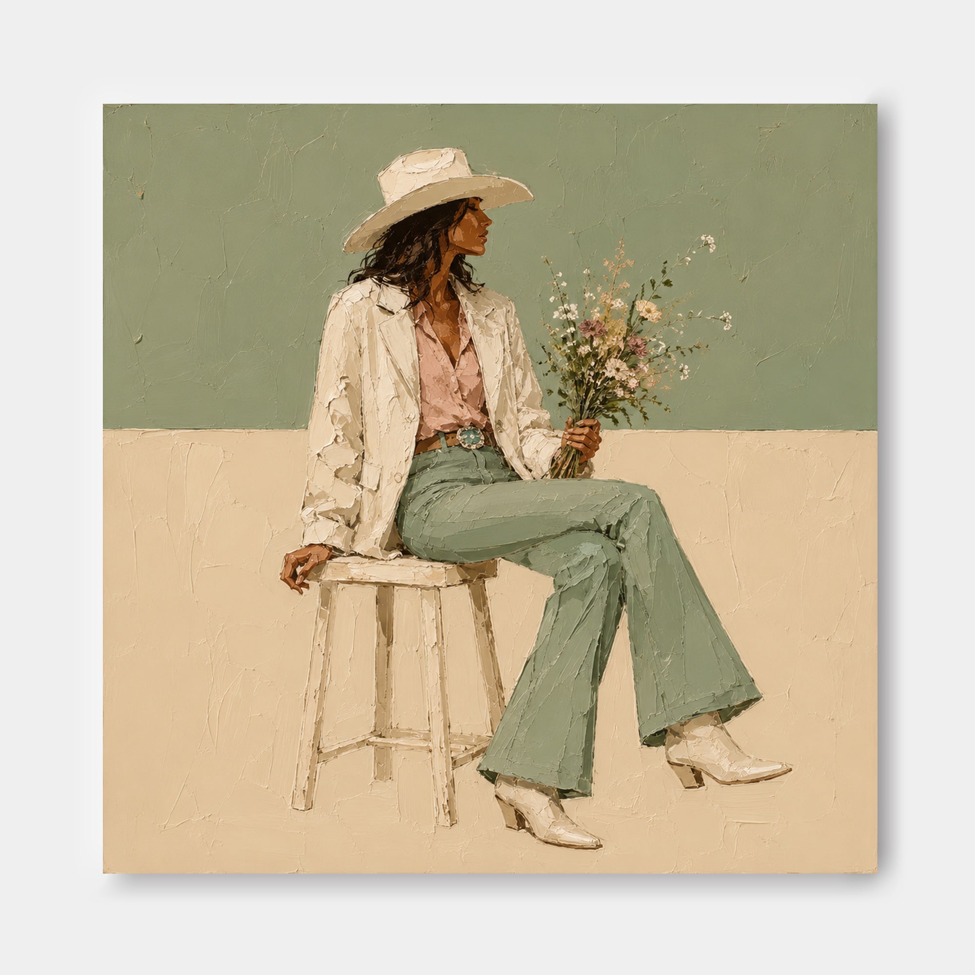 Stylish Cowboy Woman Portrait With Wildflowers In Sage Green And Beige Tones For Modern Farmhouse Decor