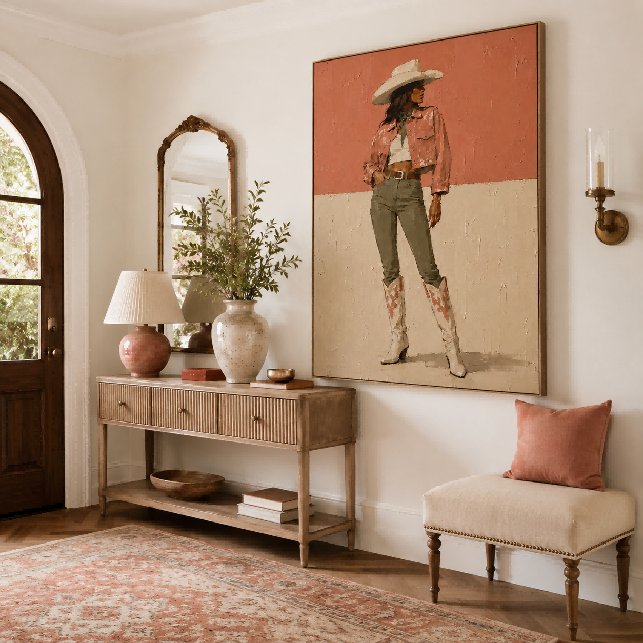 Original Illustrative Female Figure Painting In Retro Style On Linen Canvas