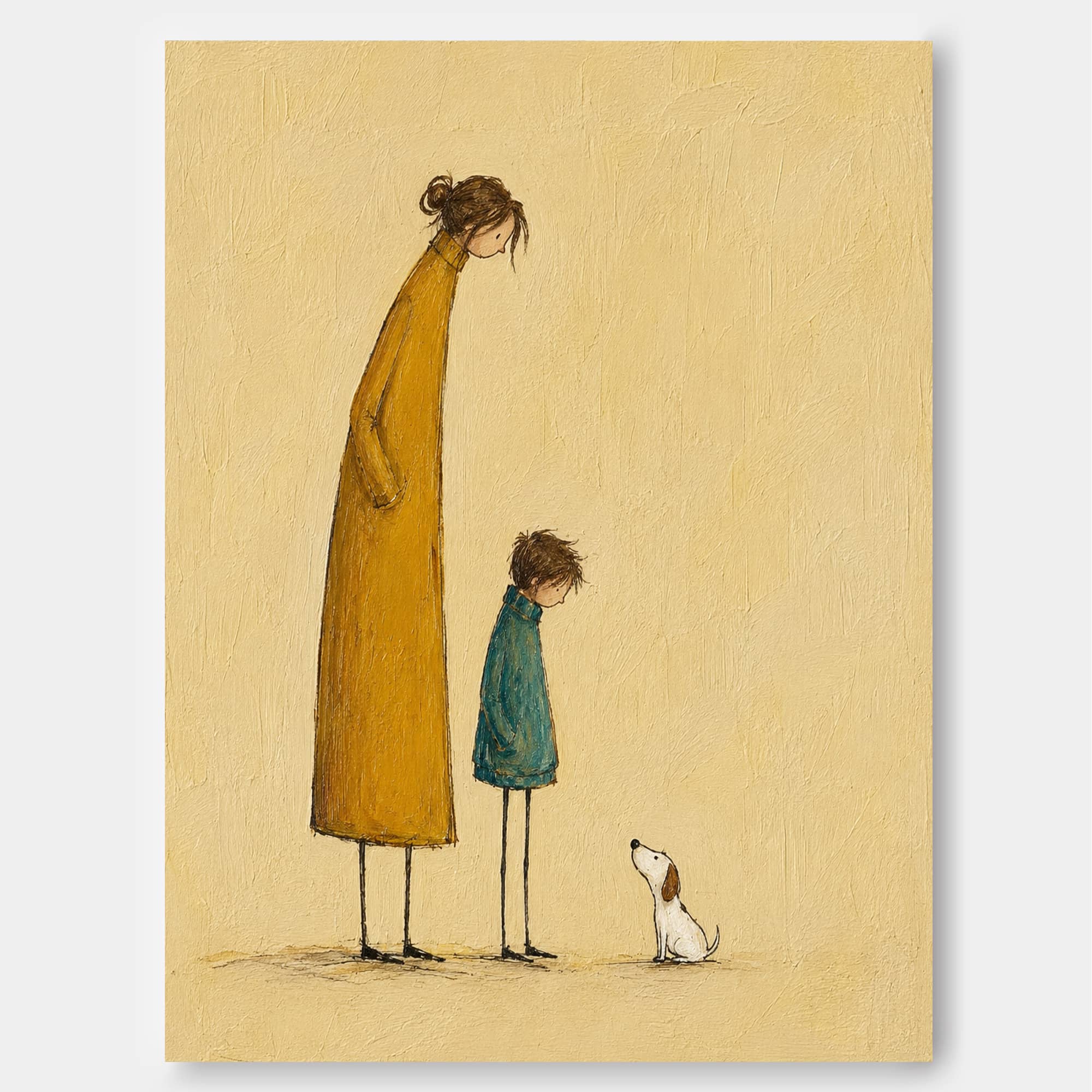 Naive Art Painting Of Mother Child And Dog For Modern Home Decor