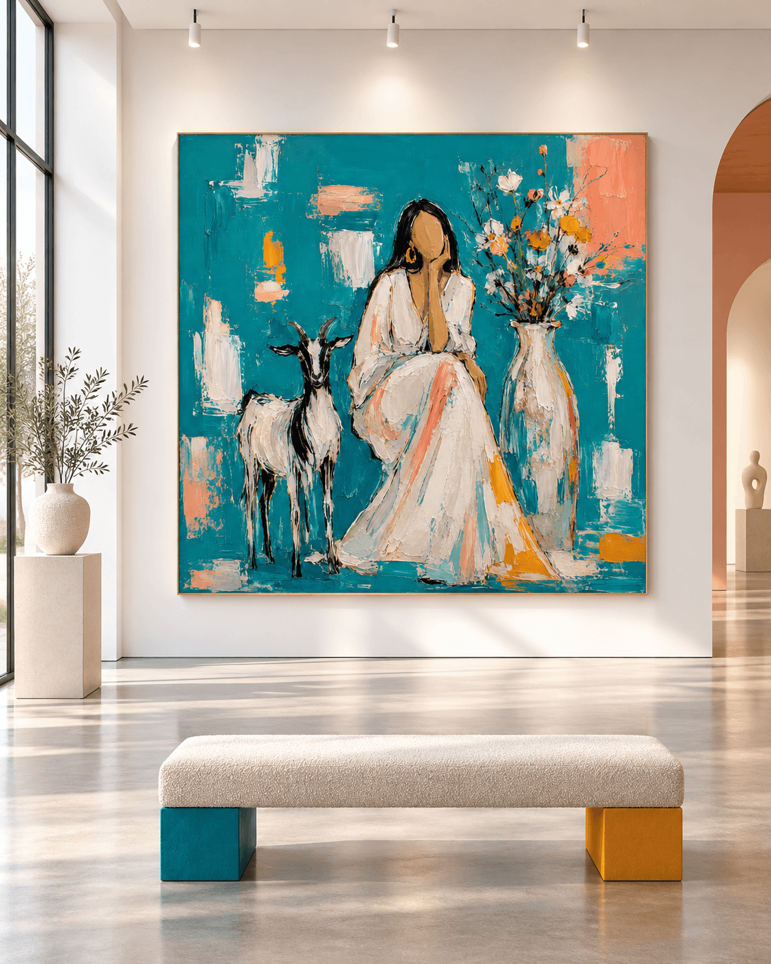Minimalist Textured Oil Painting With Pastoral Theme And Blue Tone Woman With Goat And Flowers Abstract Canvas Art