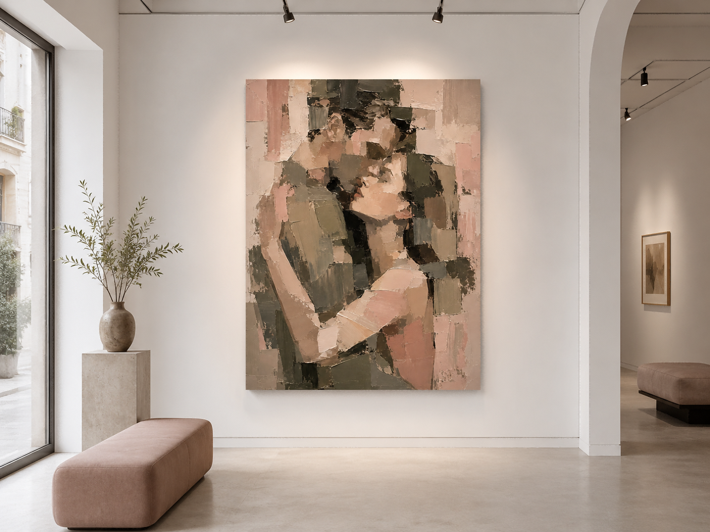 Modern Abstract Oil Painting Of Lovers Embrace With Geometric Impasto Texture For Bedroom Wall Art Decor