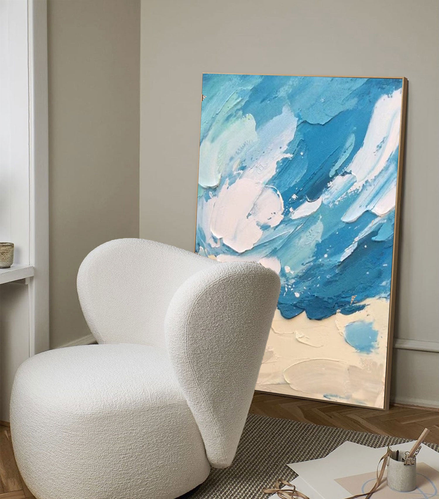 Blue Original Sea Abstract Oil Painting Large Sea 3D Texture Painting Ocean Canvas Wall Art Living Room Decor