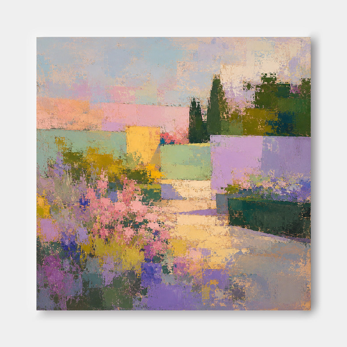 Abstract Floral Landscape Canvas Painting With Purple Pink Green Hues Hand-Painted Original Art