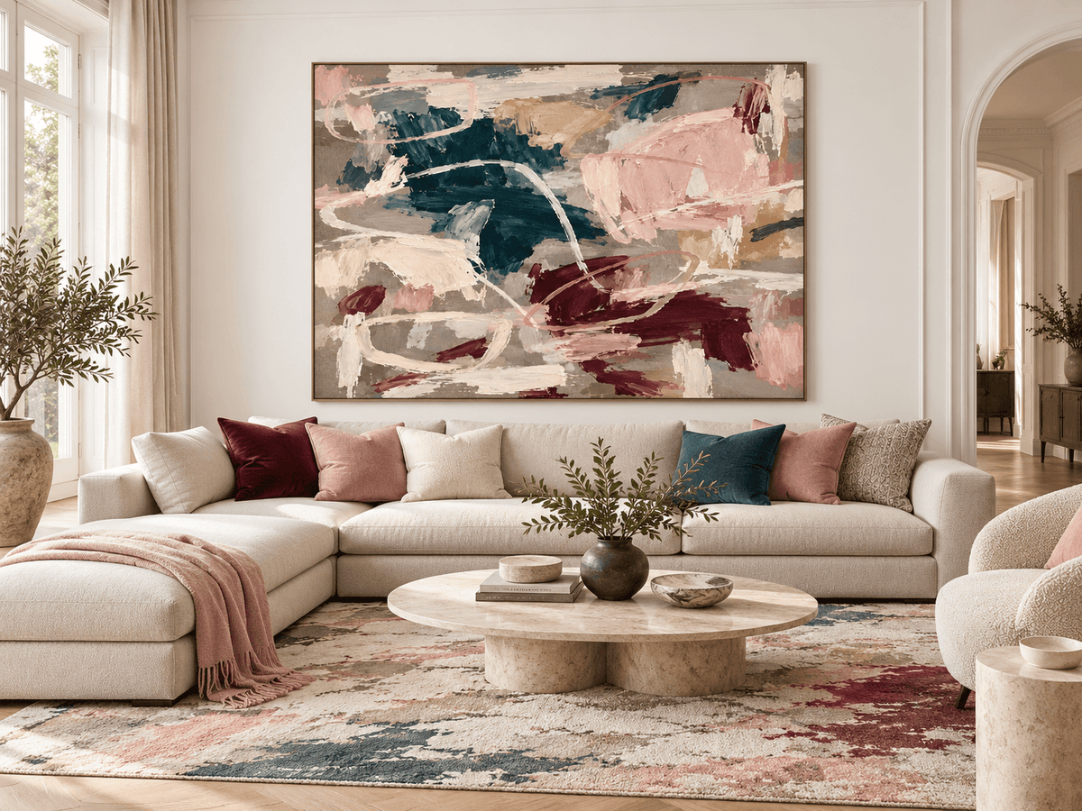 Hand-Painted Abstract Canvas Art With Crimson And Teal Textured Brushstrokes