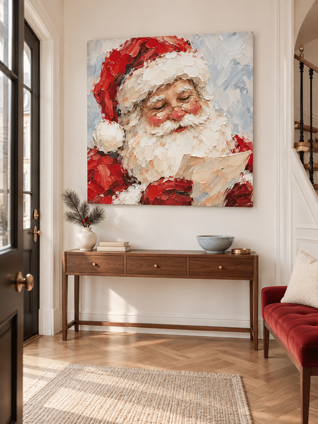 Modern Minimalist Santa Portrait Textured Oil Painting Holiday Gift Art