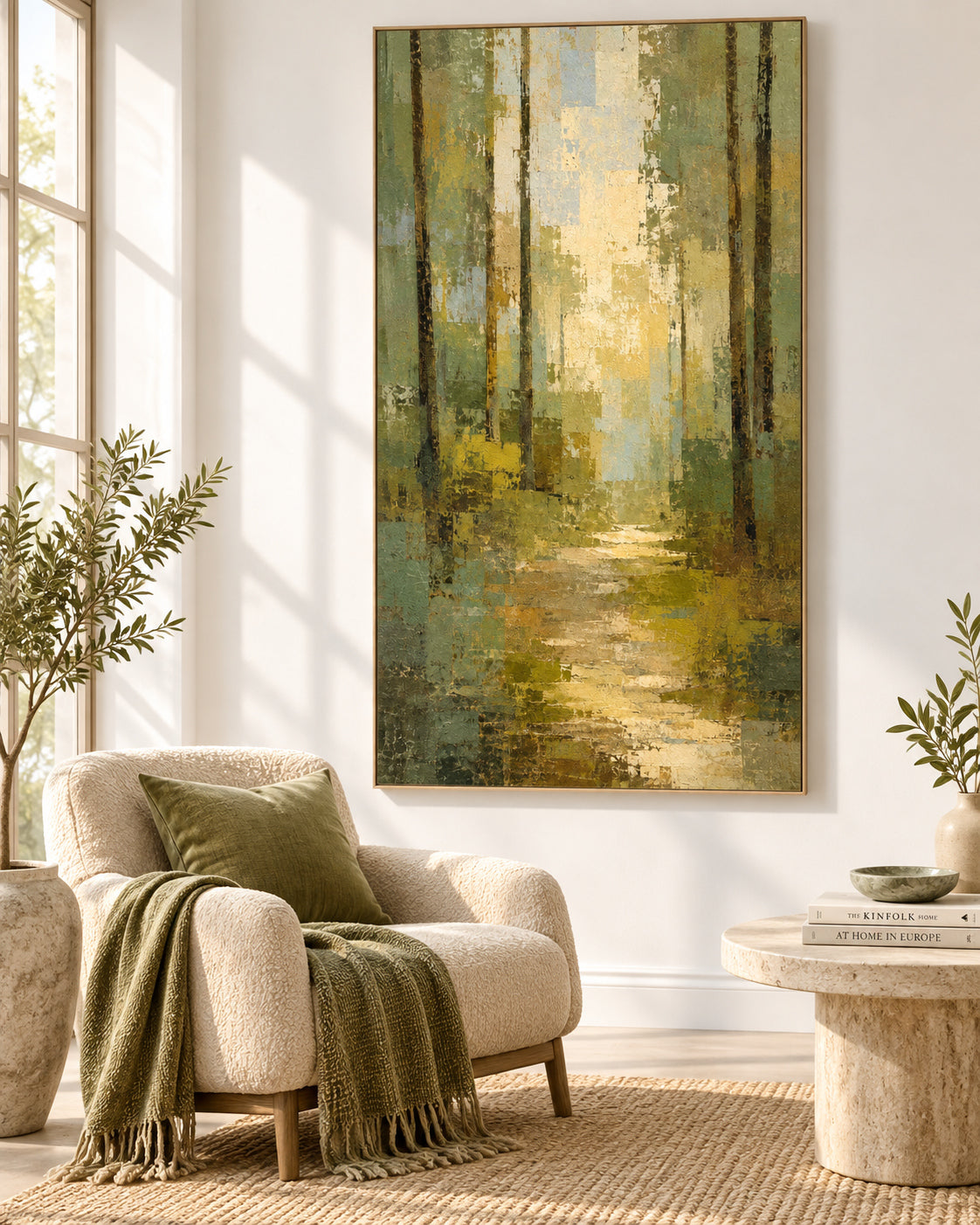 Abstract Forest Path Hand-Painted Canvas Art With Green And Gold Tones