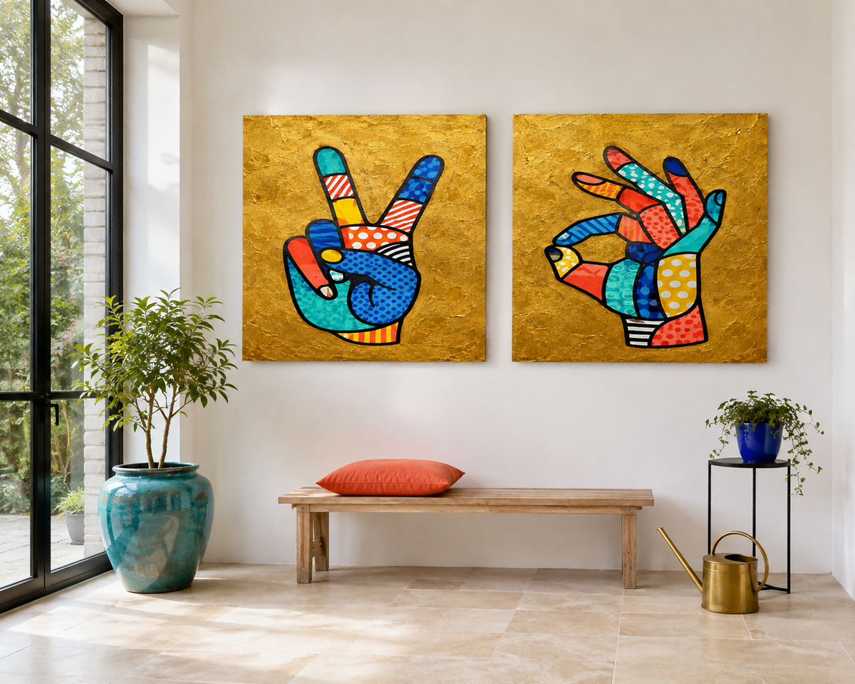 Pop Art Hand Gestures Canvas Painting Set With Gold Background