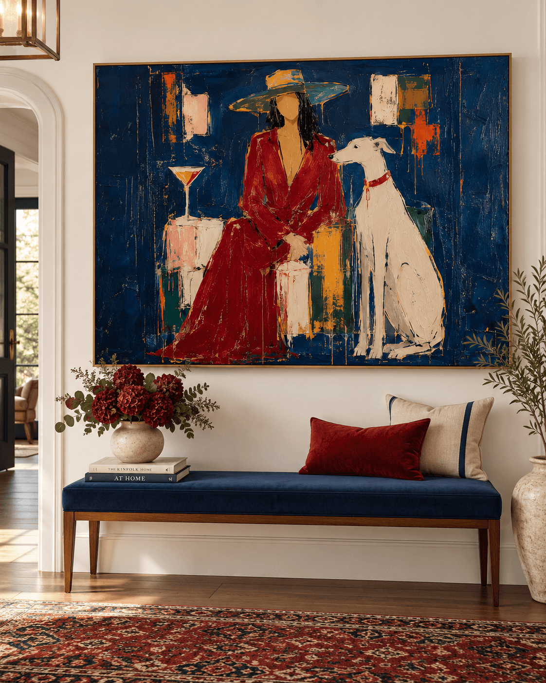 Modern Textured Art Abstract Portrait Of Lady With Dog In Blue