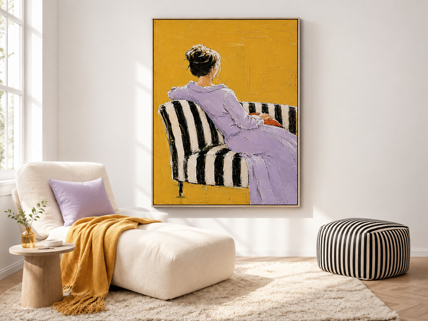 Handmade Impasto Oil Painting Of Seated Woman On Striped Sofa With Expressive Brushstrokes For Modern Home
