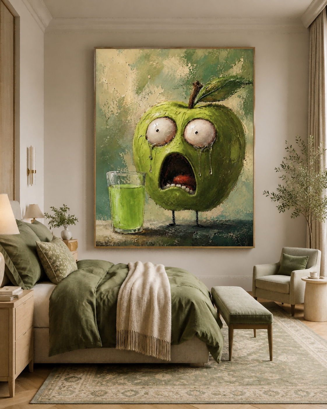 Quirky Anthropomorphic Green Apple Oil Painting With Expressive Face For Eclectic Interiors