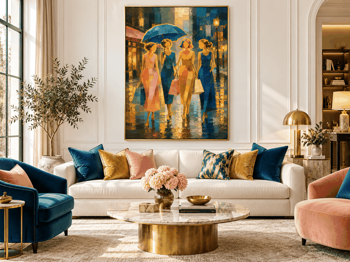Textured Expressionist Painting Of City Life In Retro Style Hand-Painted Fashion Women With Umbrella Canvas Art