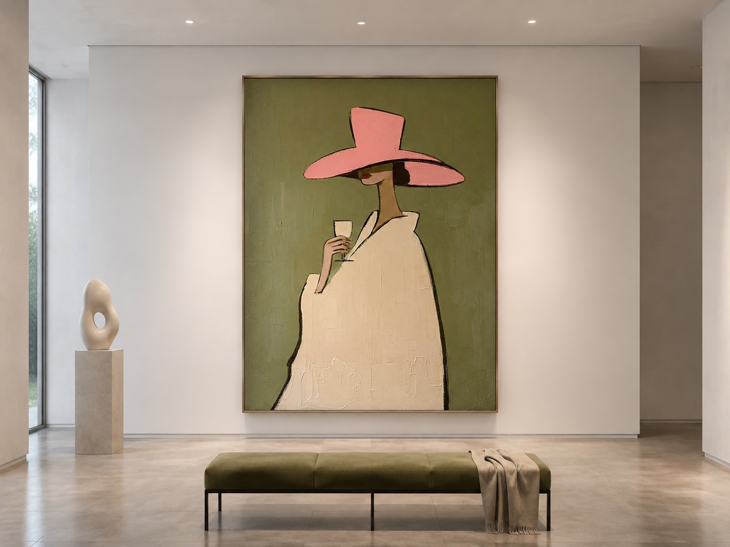 Original Oil Painting Of Elegant Lady With Wine Glass On Canvas