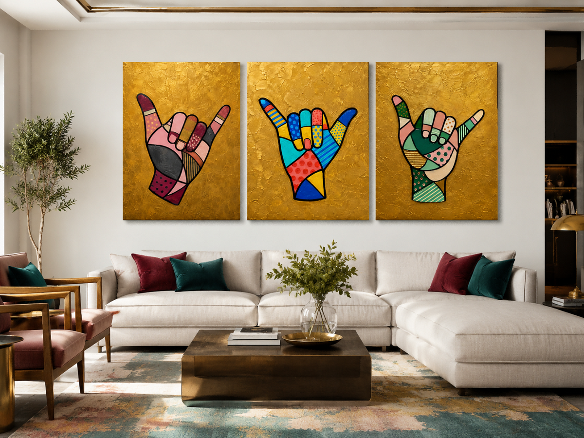 Modern Pop Art Triptych With Geometric Patterns And Textured Gold Finish