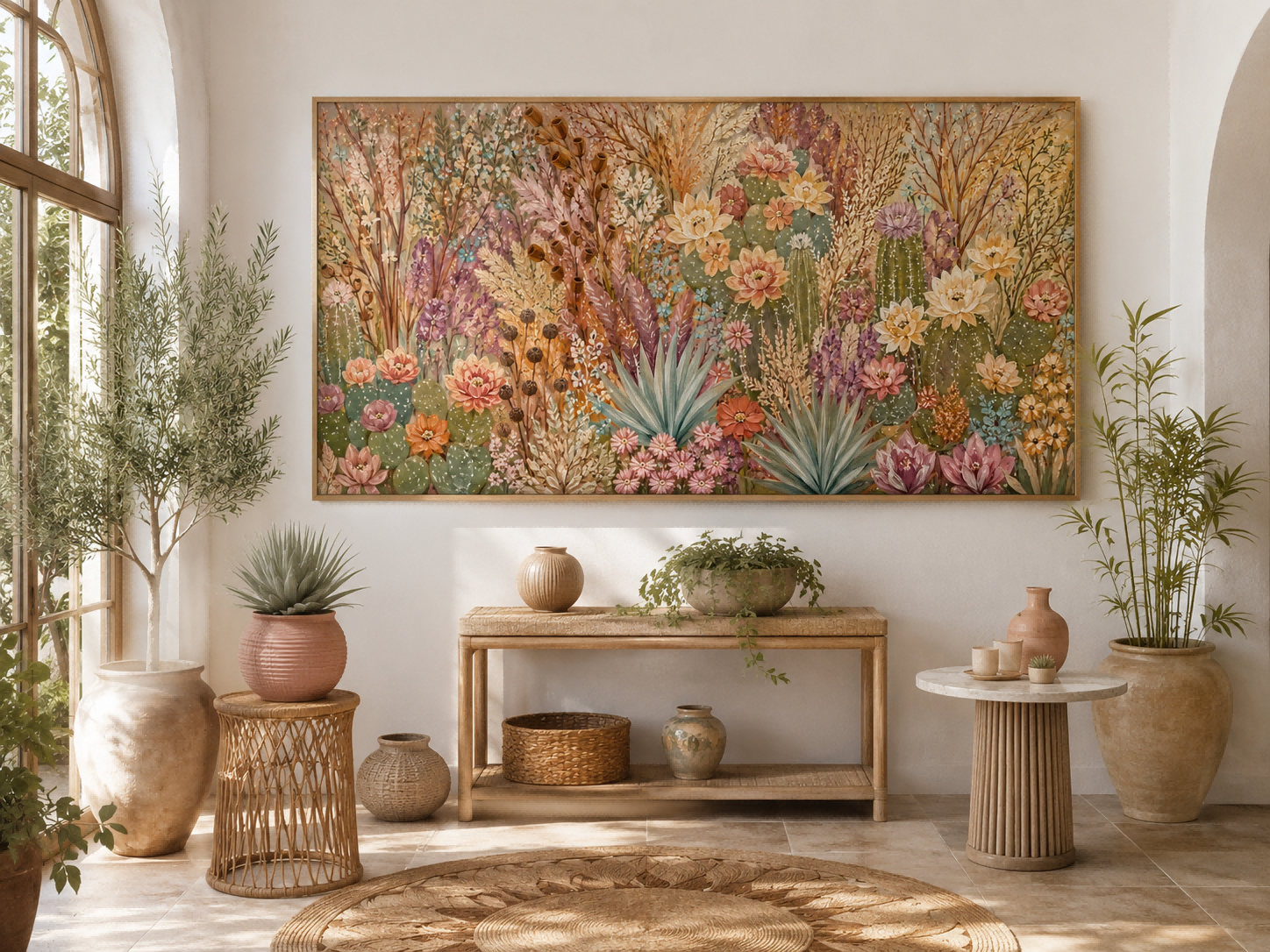 Romantic Vintage Desert Floral Art With Textured Earth Tones For Living Room Decor