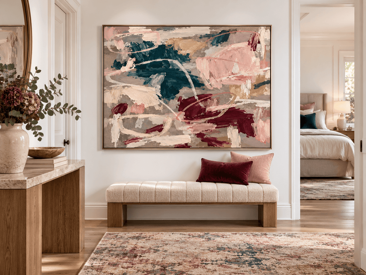Hand-Painted Abstract Canvas Art With Crimson And Teal Textured Brushstrokes