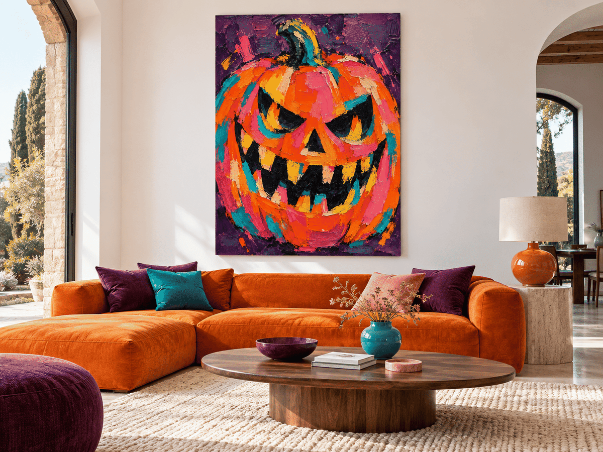 Hand-Painted Abstract Pumpkin Canvas Art With Bold Orange And Purple Colors