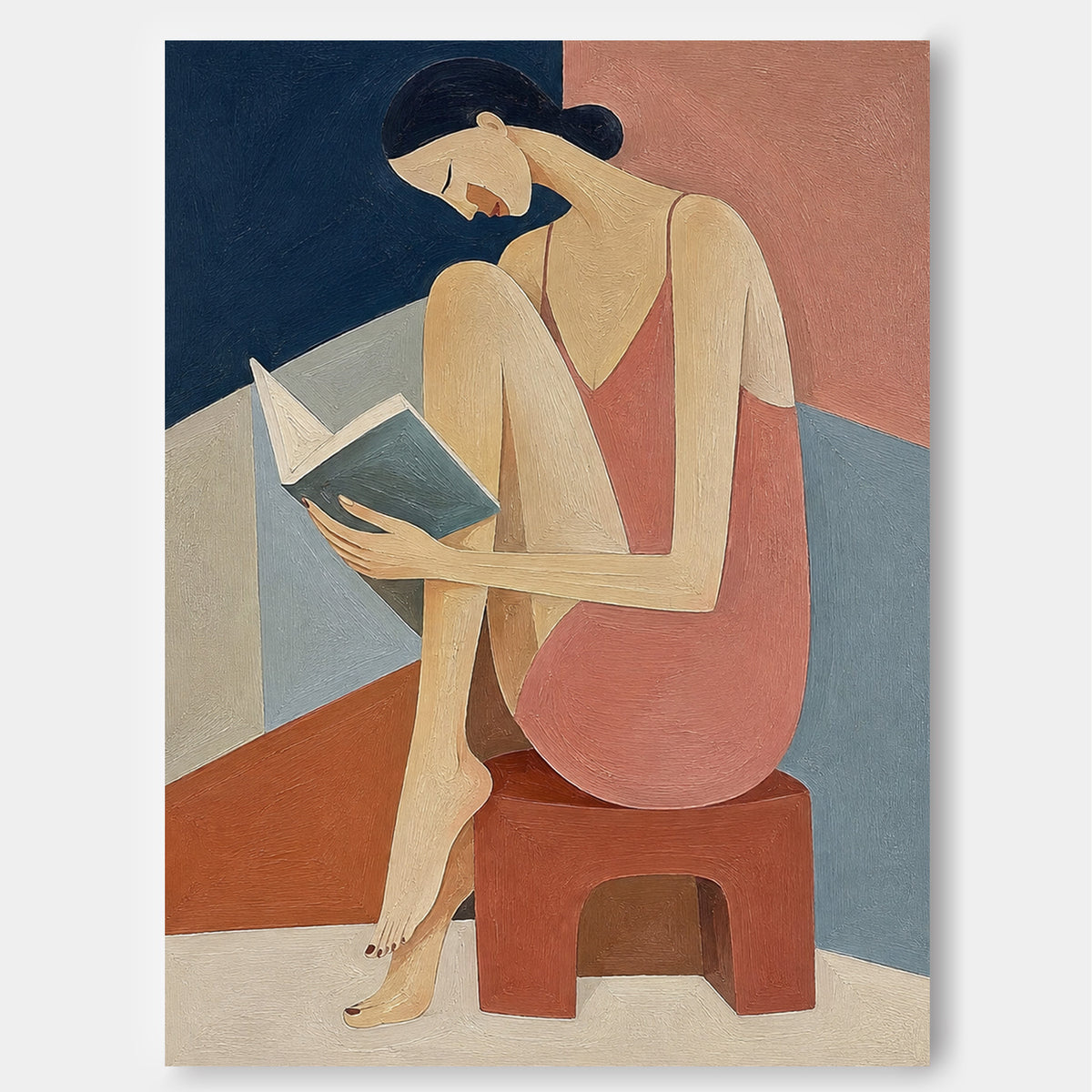 Woman Reading Portrait In Pink And Blue Hand-Painted Modern Canvas Art