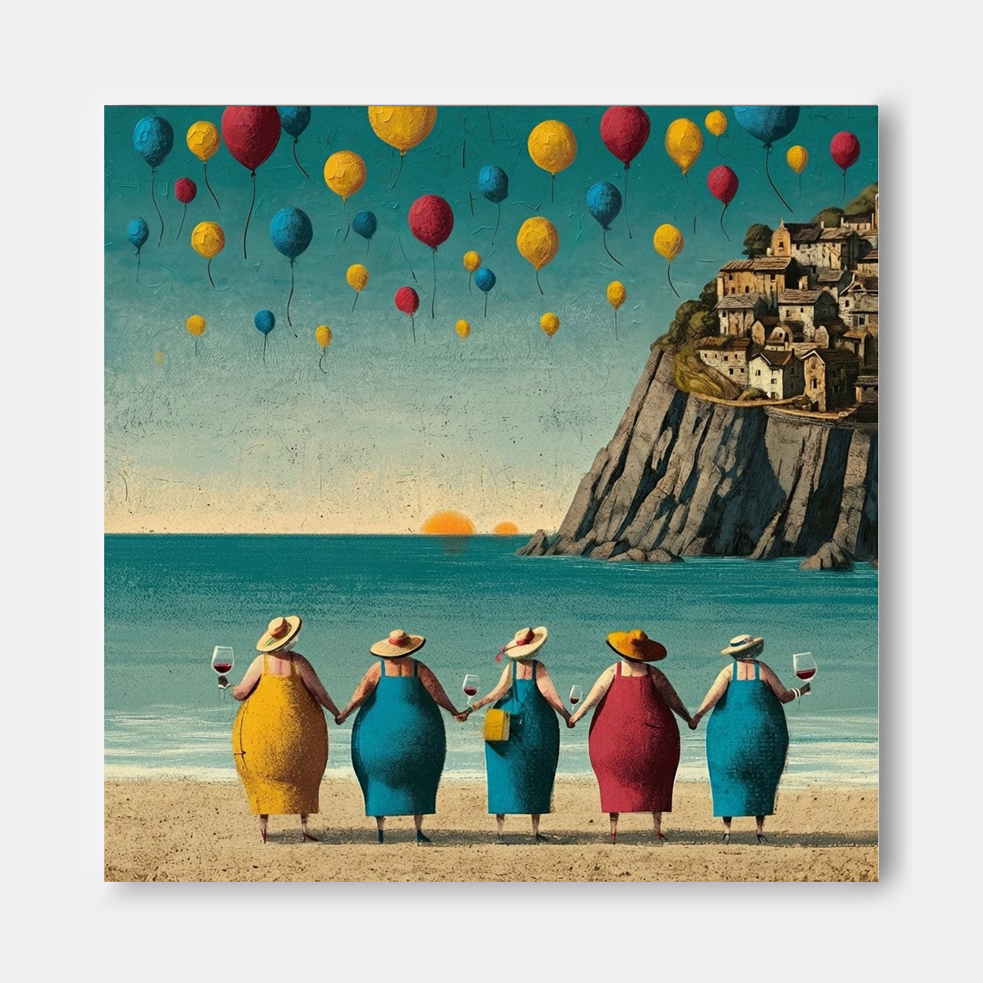 Vibrant Colorful Square Canvas Art Of Coastal Sunset And Friends