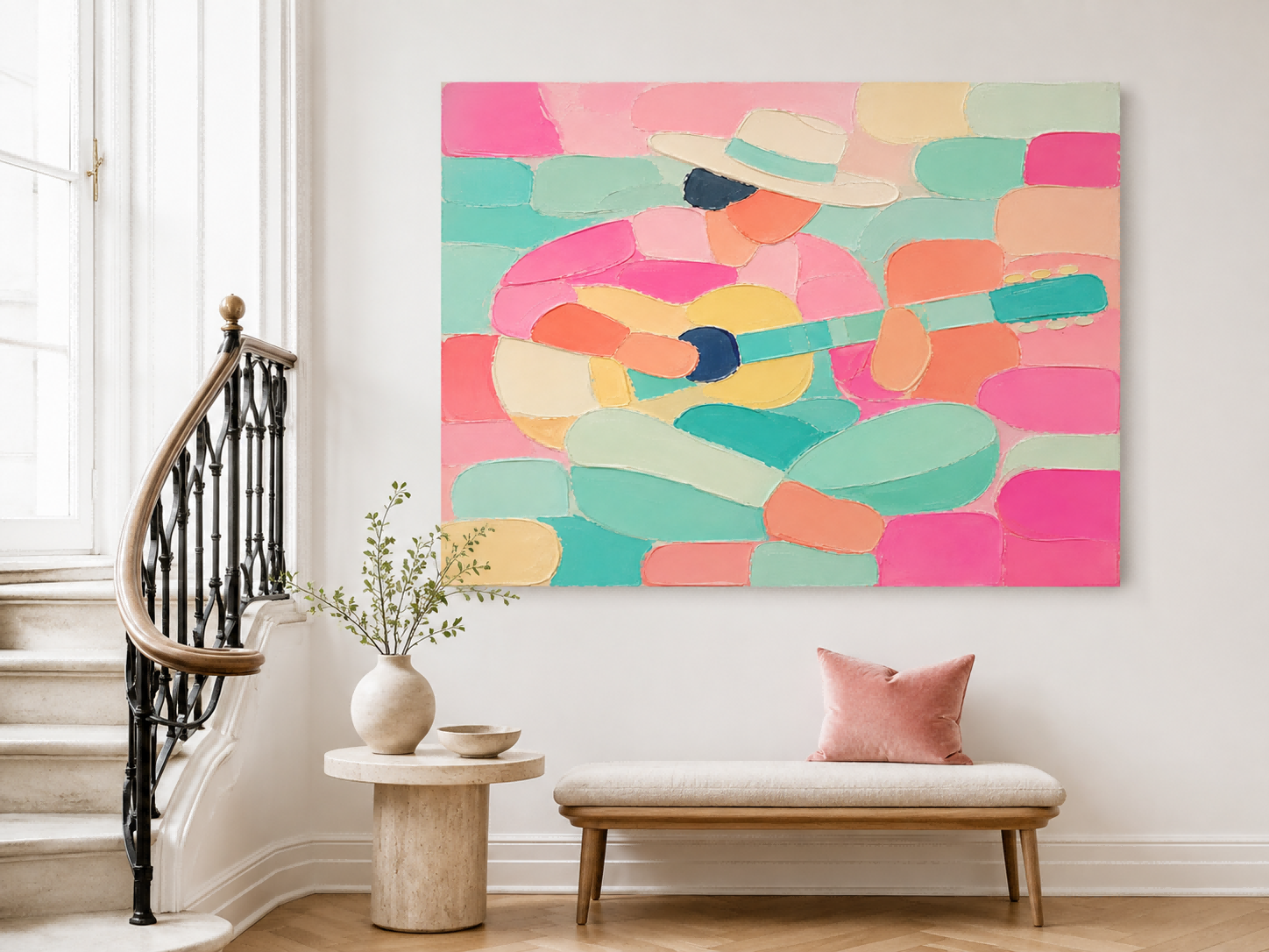 Modern Minimalist Guitar Player Oil Painting With Impasto Texture For Living Room Decor