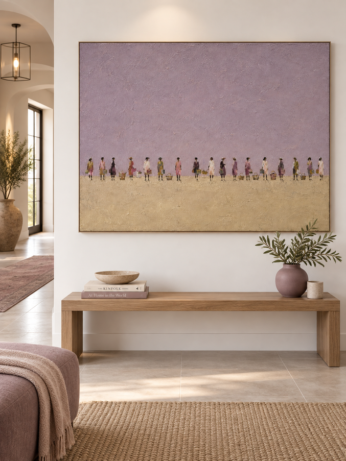 Hand-Painted Women With Baskets Minimalist Canvas Art In Purple And Beige
