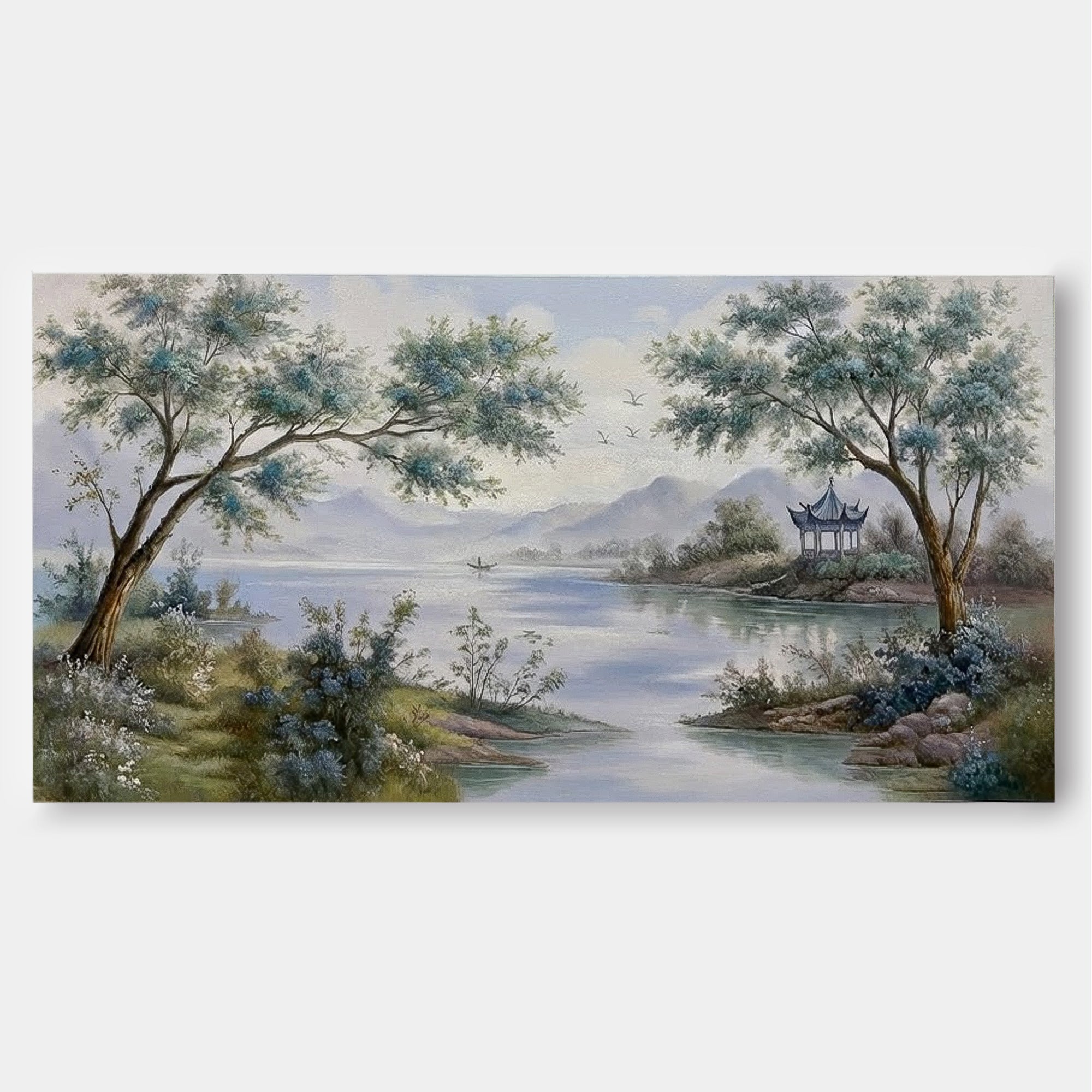 Serene River View Canvas Art With Mountains And Trees For Modern Home