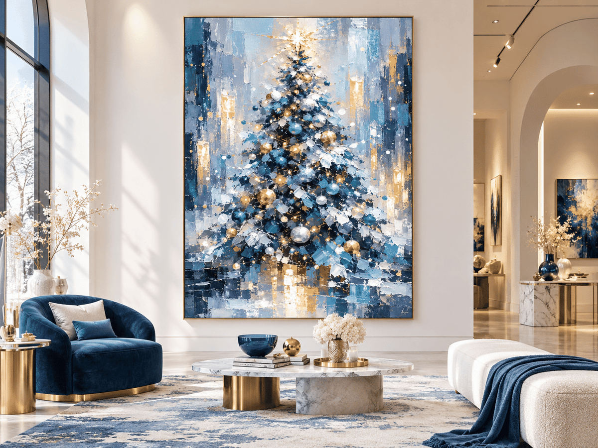Textured Abstract Art With Vintage Touch Abstract Blue And Gold Christmas Tree Canvas Painting Hand-Painted Modern Holiday Wall Art