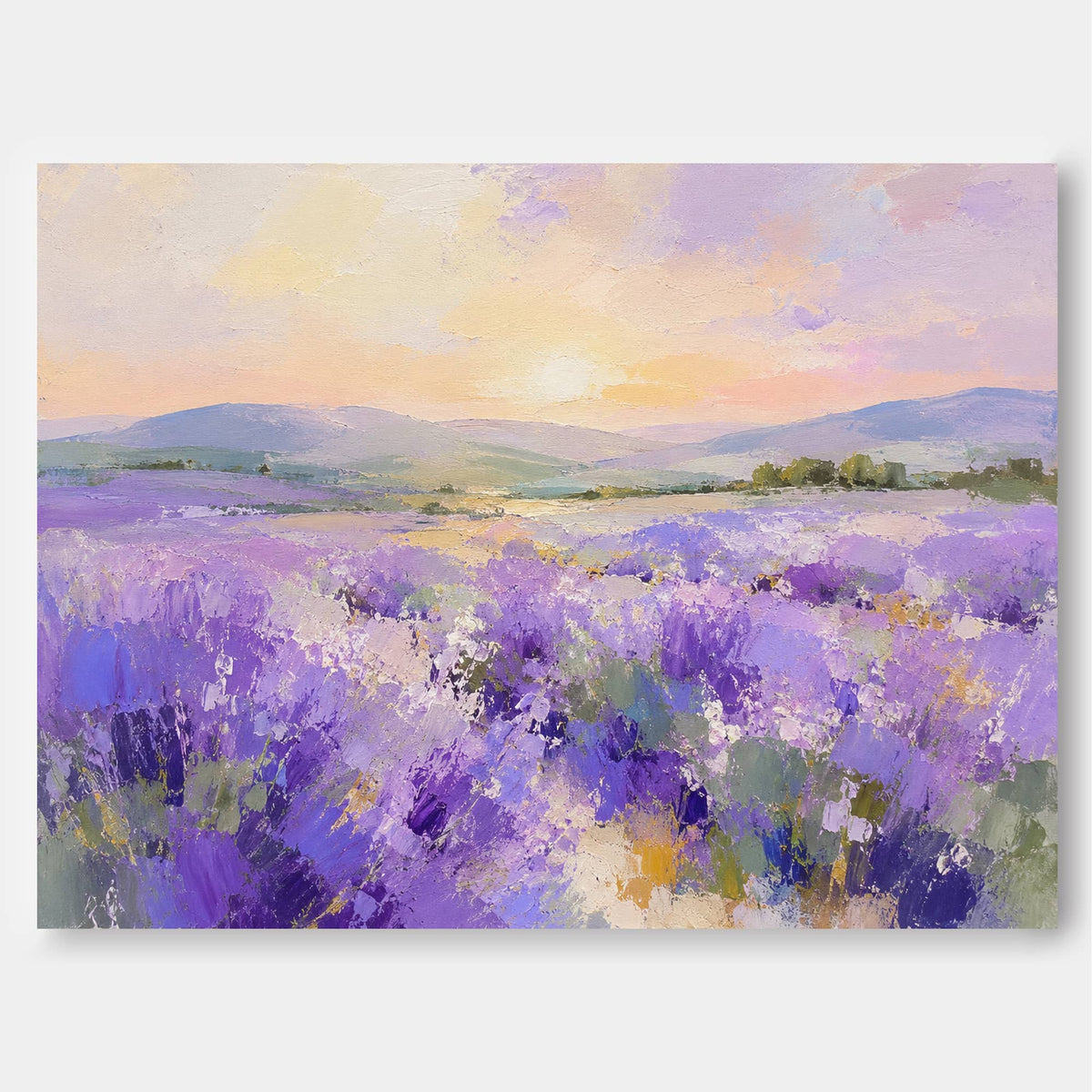 Hand-Painted Lavender Field Landscape Canvas Art With Sunset Mountains
