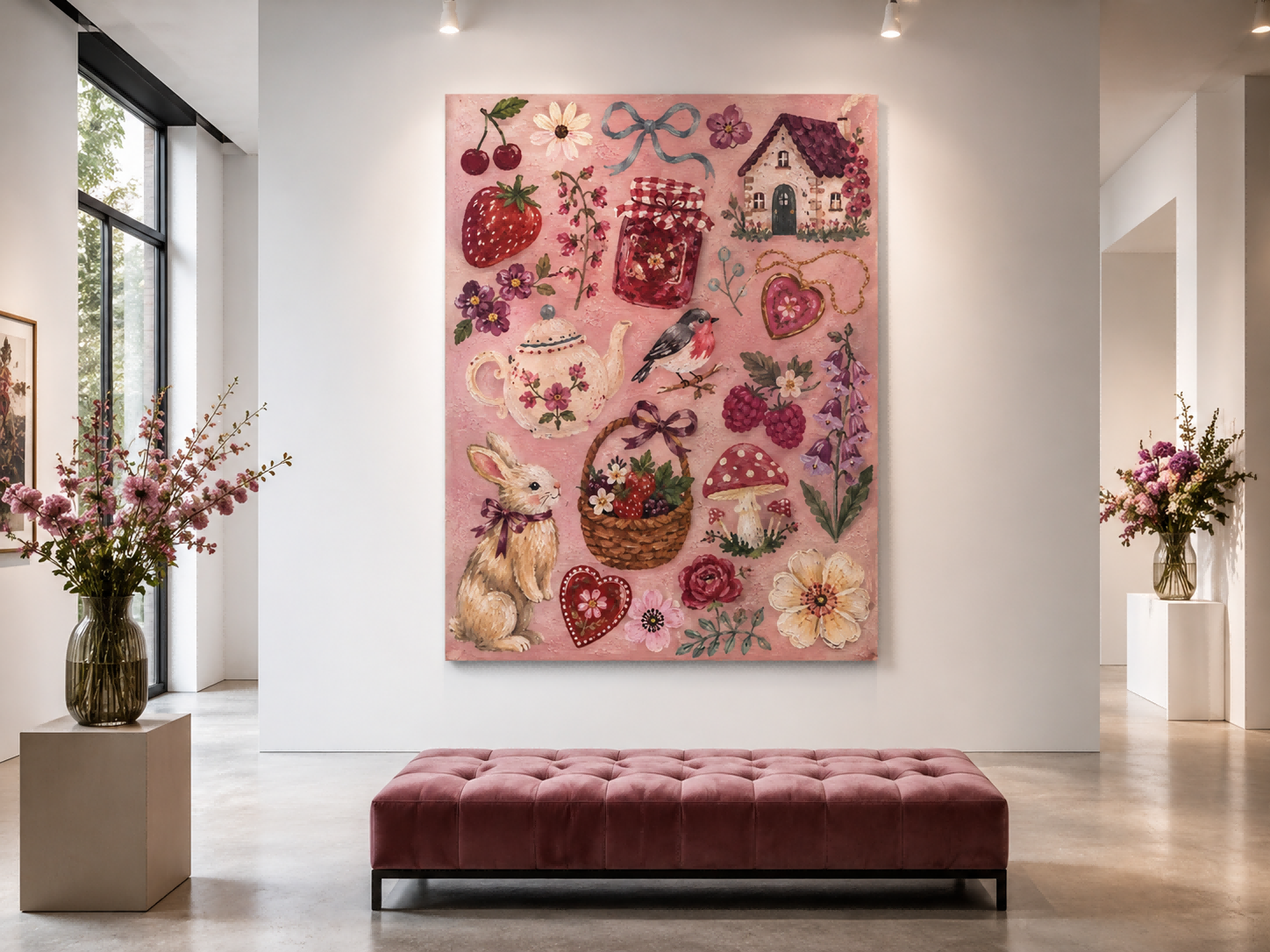 Vintage Pastoral Art With Berries And Cottage For Cozy Home Decor