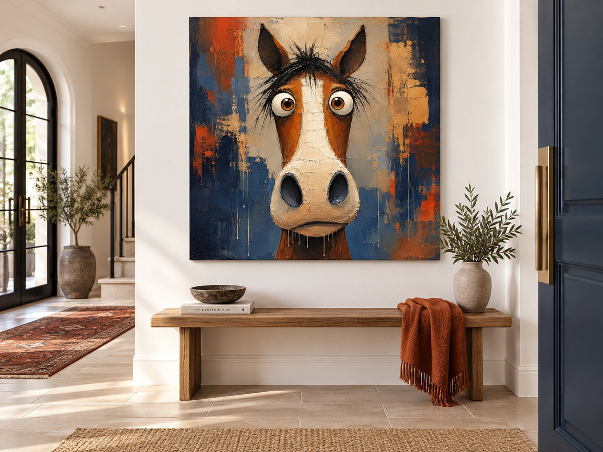 Abstract Pop Art Horse Painting With Textured Orange And Blue Tones