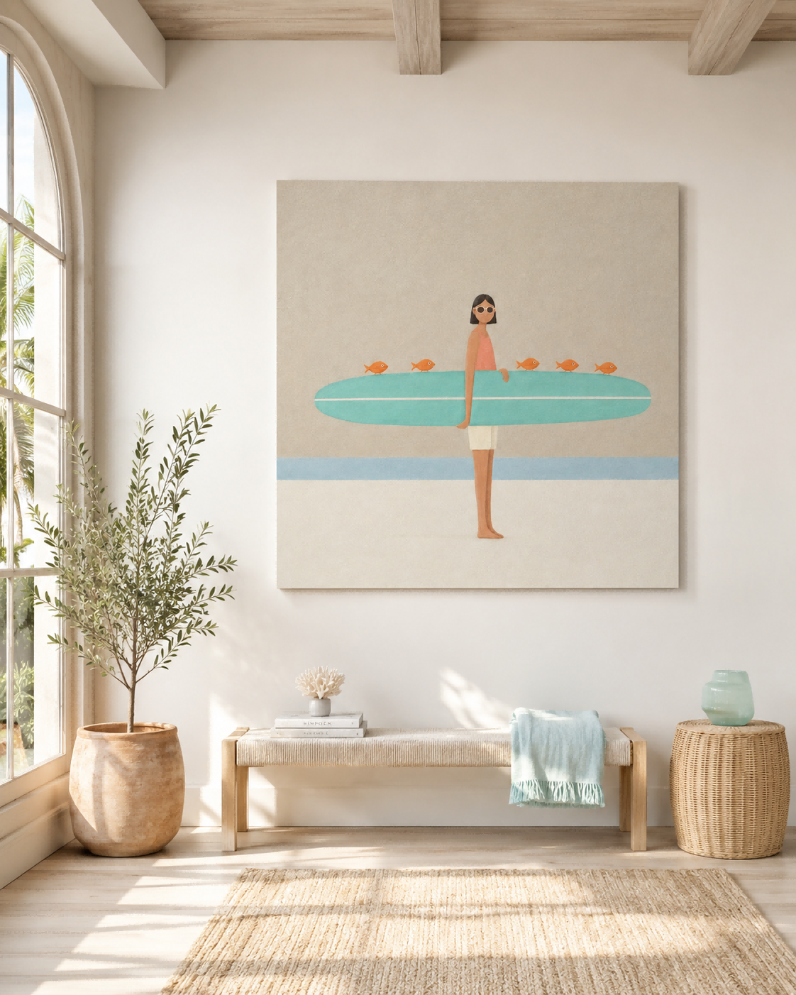 Girl With Surfboard And Fish Modern Abstract Canvas Painting Abstract Minimalist Art With Orange Accents Hand Painted Oil