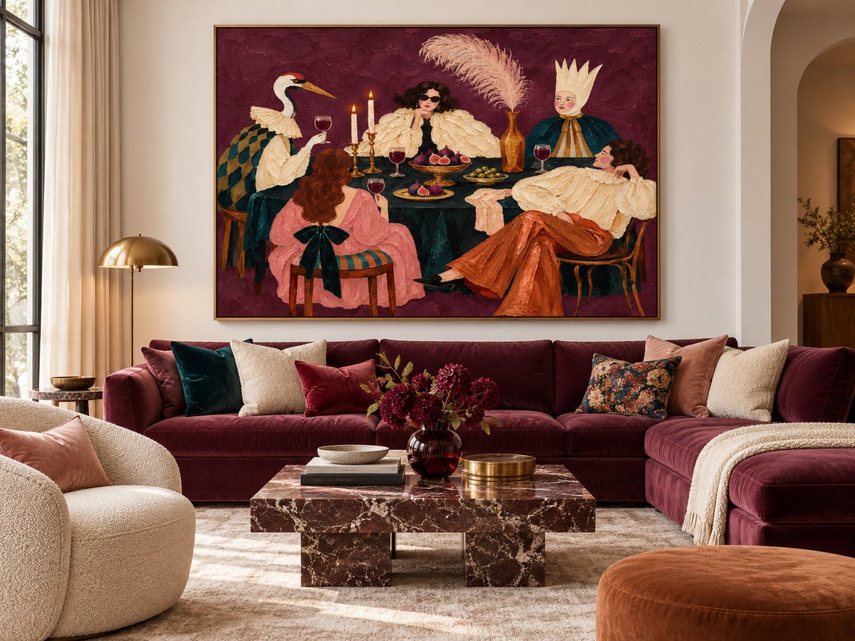 Textured Impasto Surrealist Art Modern Vintage Style Canvas Painting Unique Purple Wall Art For Dining Room