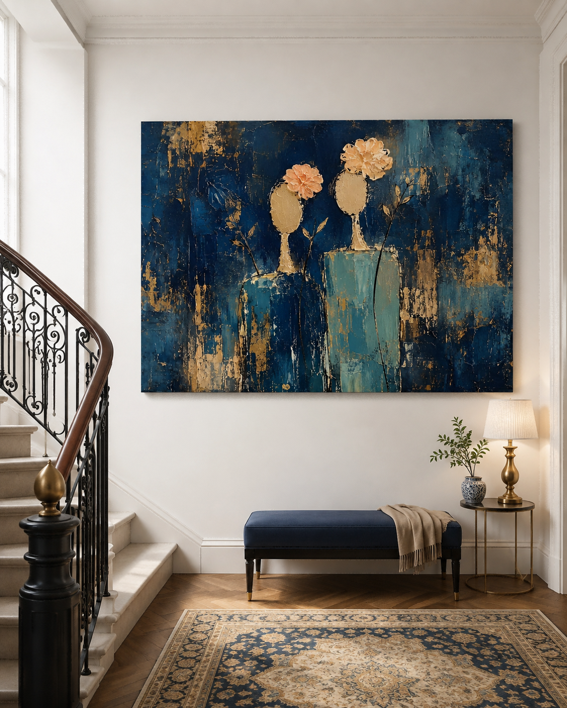 Abstract Floral Woman Canvas Painting Blue Gold Hand-Painted Modern Wall Art
