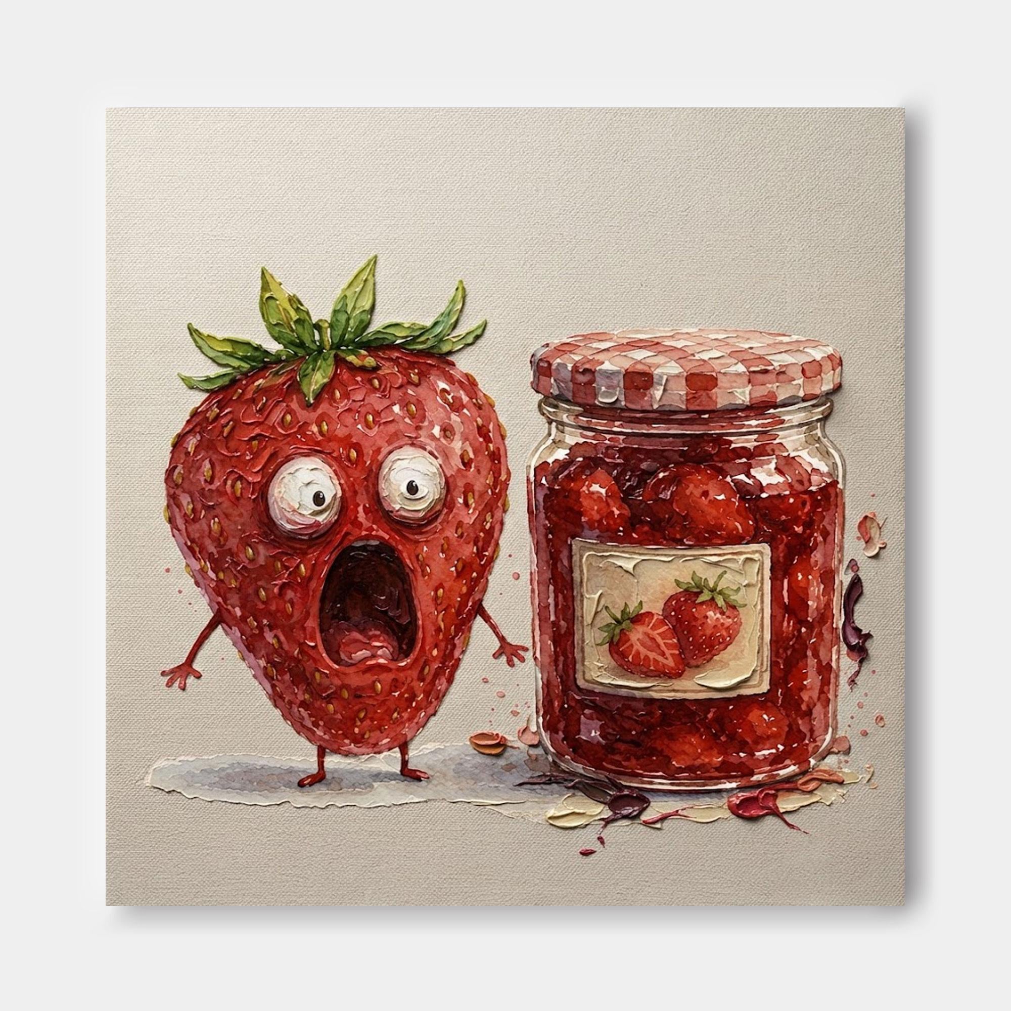 Funny Anthropomorphic Strawberry Art Original Canvas Print With Jam Jar Theme