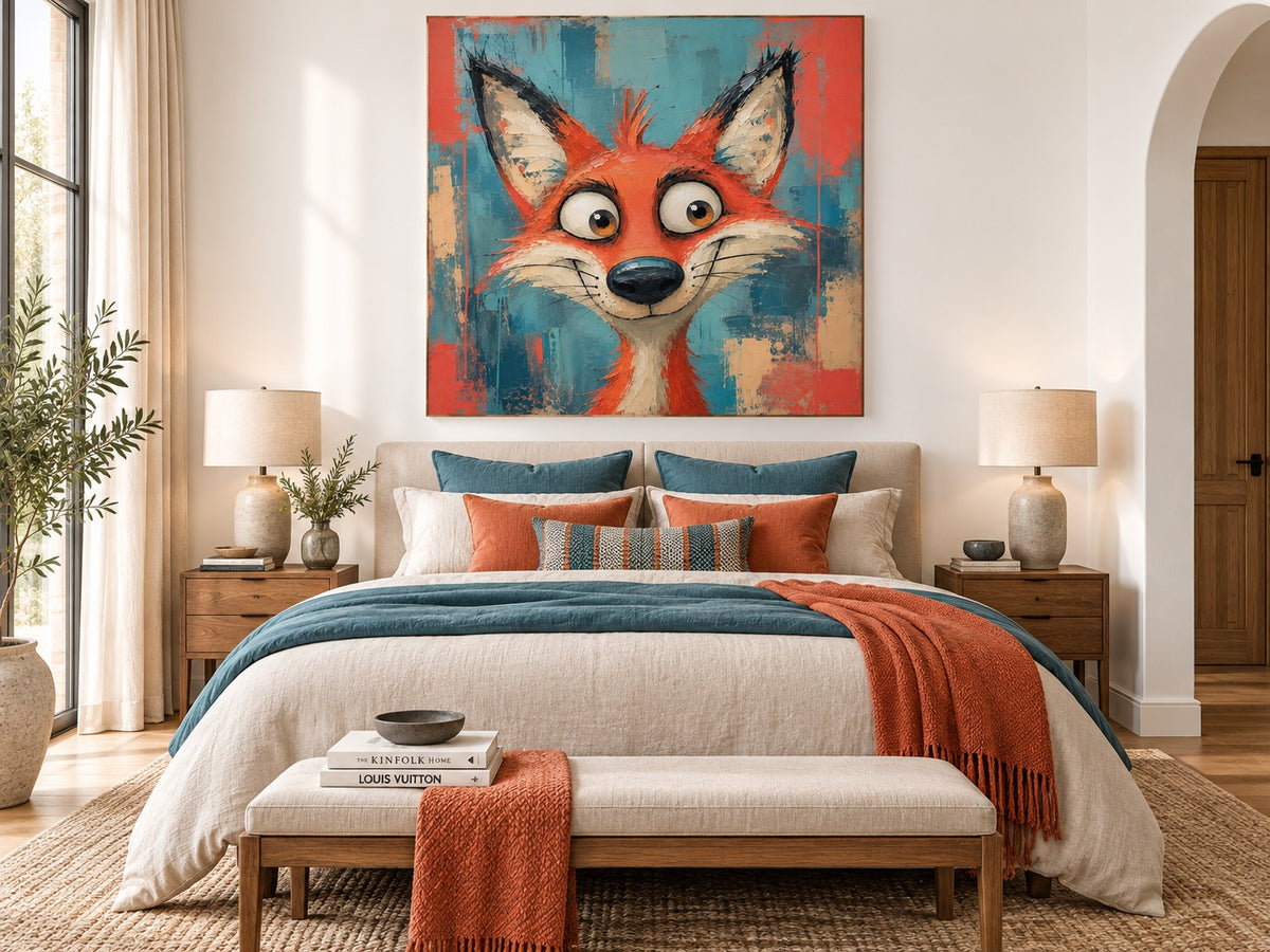 Funny Red Fox Portrait Canvas Painting With Big Eyes In Pop Art Style