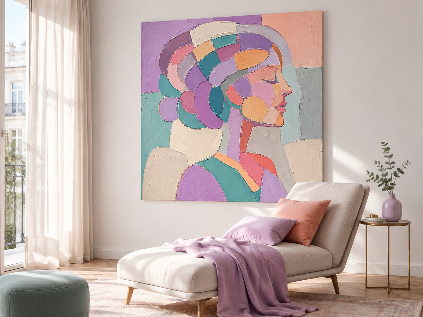 Minimalist Female Profile Art In Pastel Colors Square Canvas Print For Bedroom