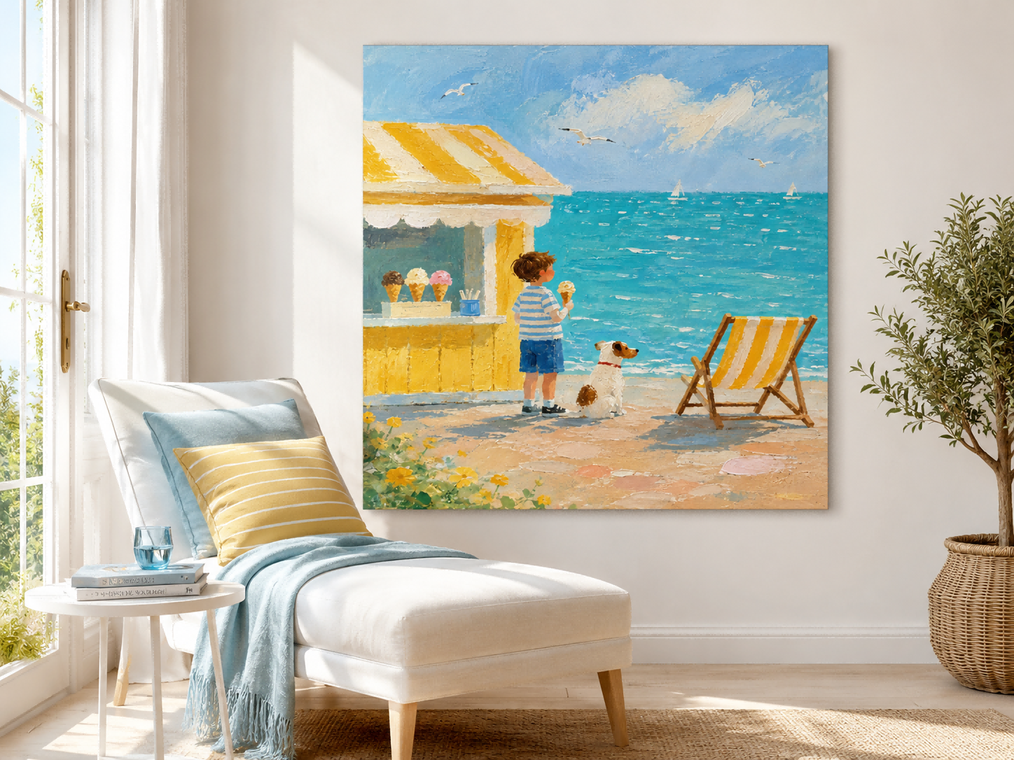 Cheerful Beach Scene Canvas Painting For Coastal Living Room Decor
