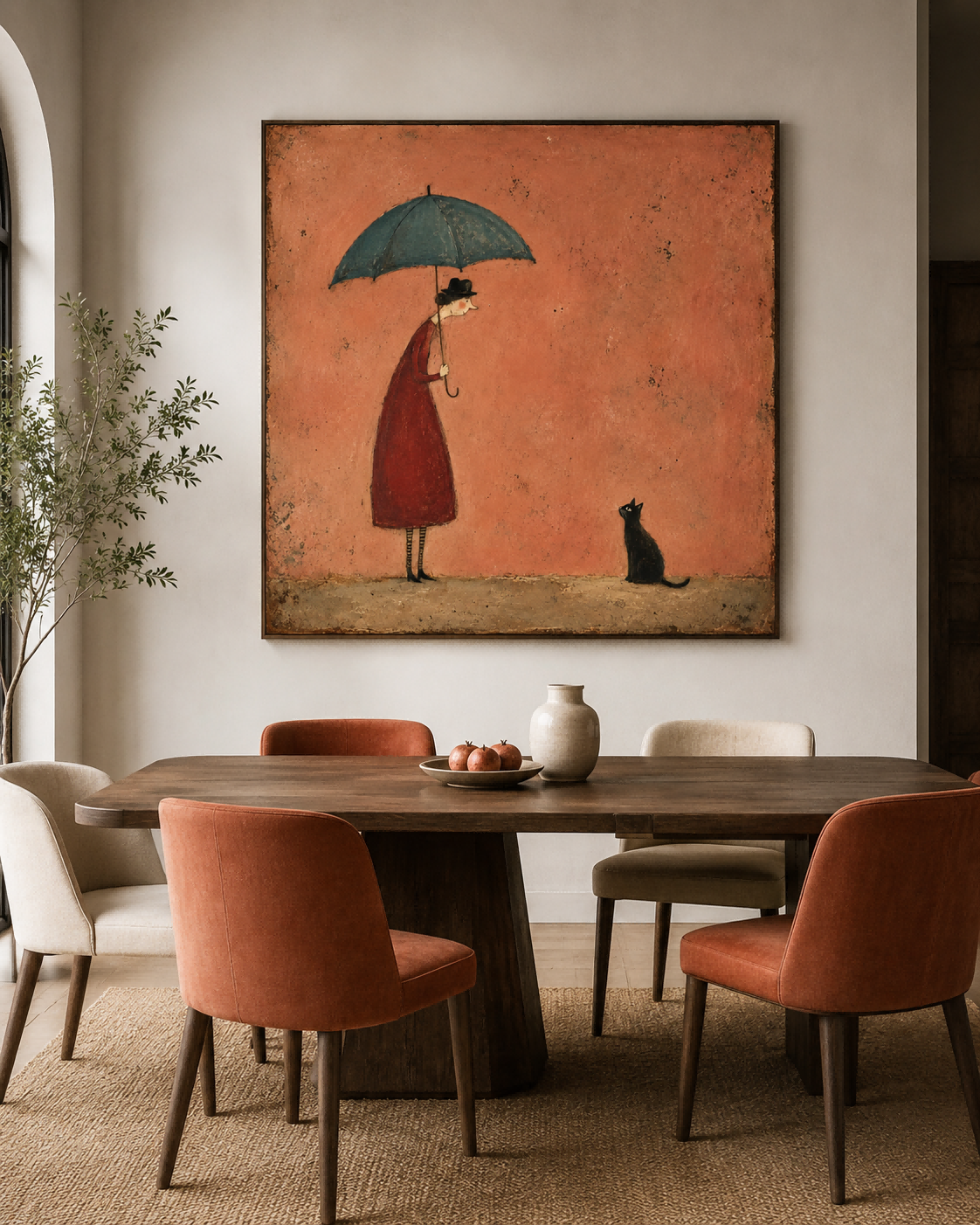 Whimsical Retro Illustration Style Original Art On Canvas Lady With Umbrella And Black Cat Vintage Canvas Painting