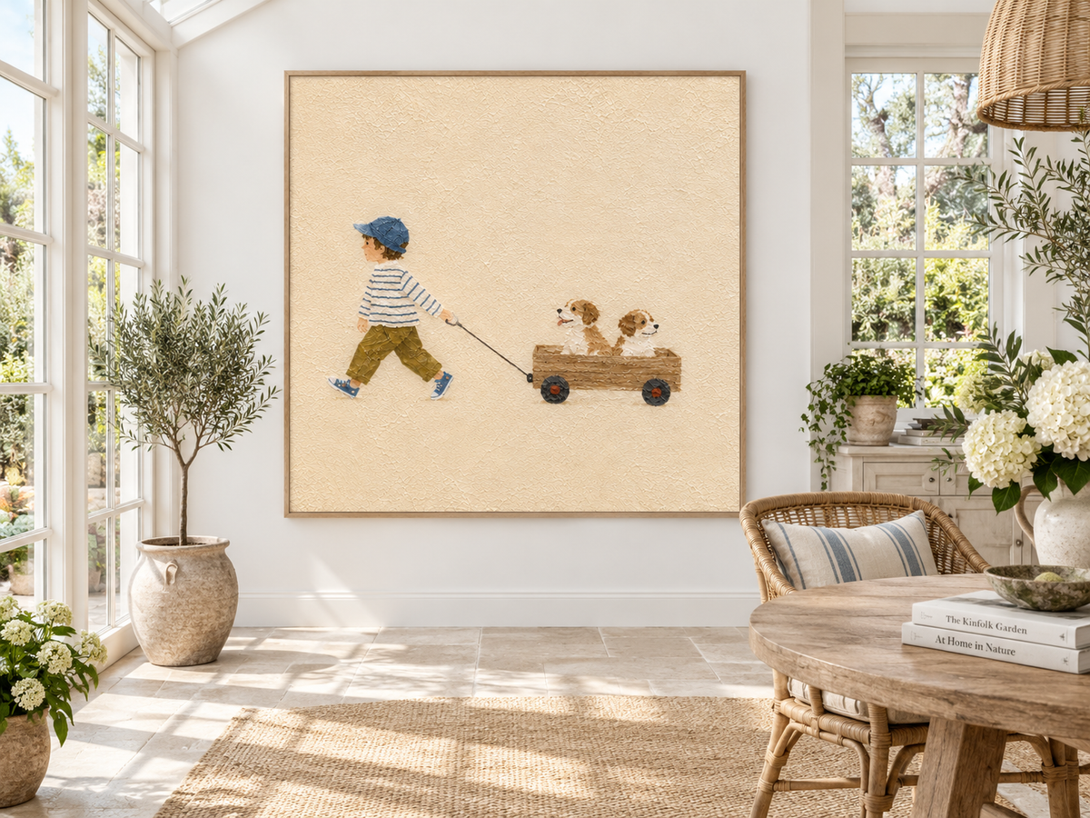 Warm Beige Kids Room Wall Art Boy And Dogs Original Painting