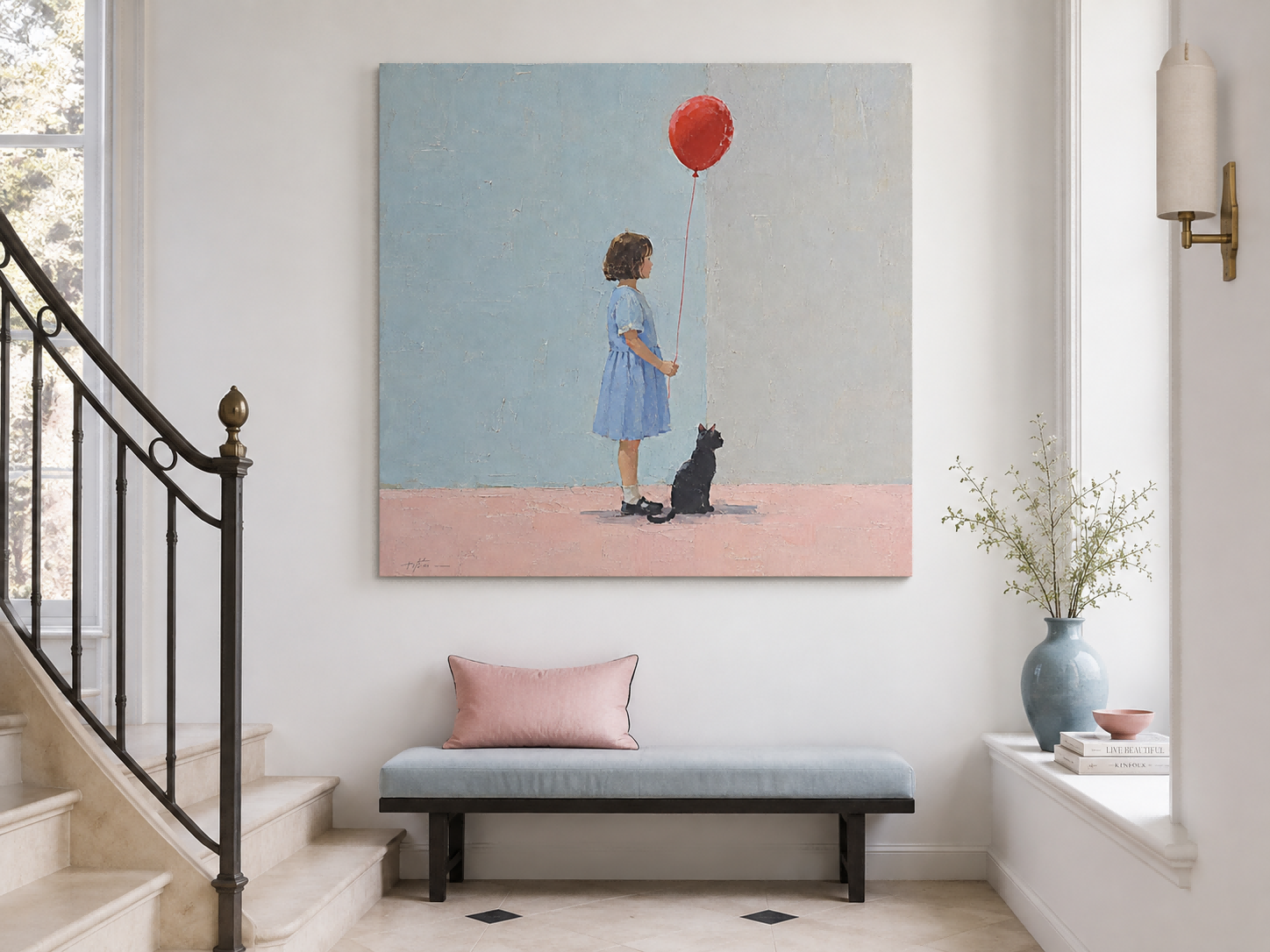Modern Figurative Wall Art For Living Room Blue Pink Gray Color Scheme
