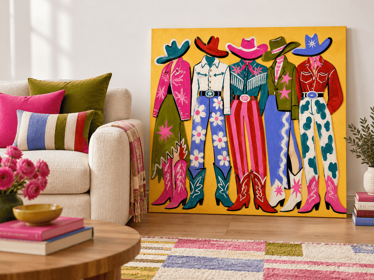 Pop Art Style Cowboy Painting Colorful Retro Fashion Illustration On Canvas