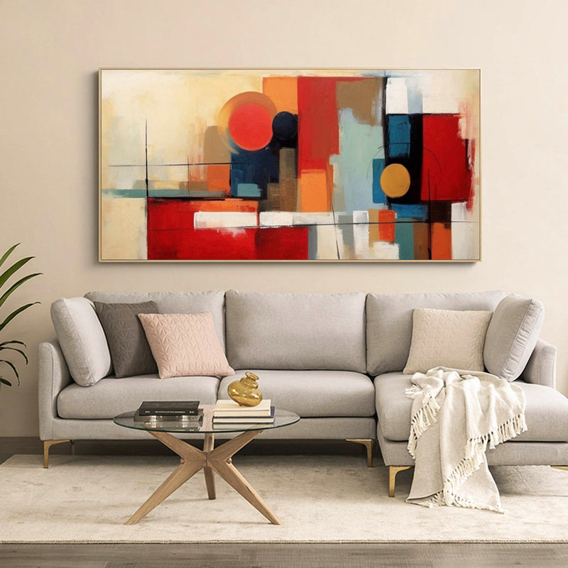 Red Original Abstract Oil Painting On Canvas Geometric Large Composition Artwork Framed Living Room Decor