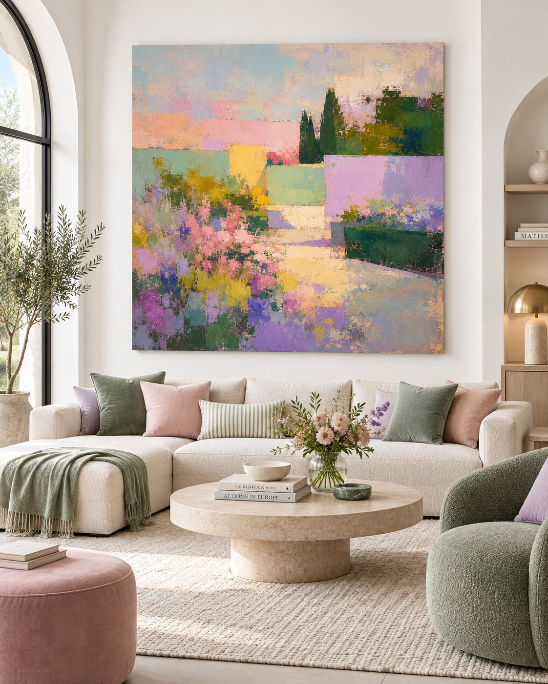 Abstract Floral Landscape Canvas Painting With Purple Pink Green Hues Hand-Painted Original Art