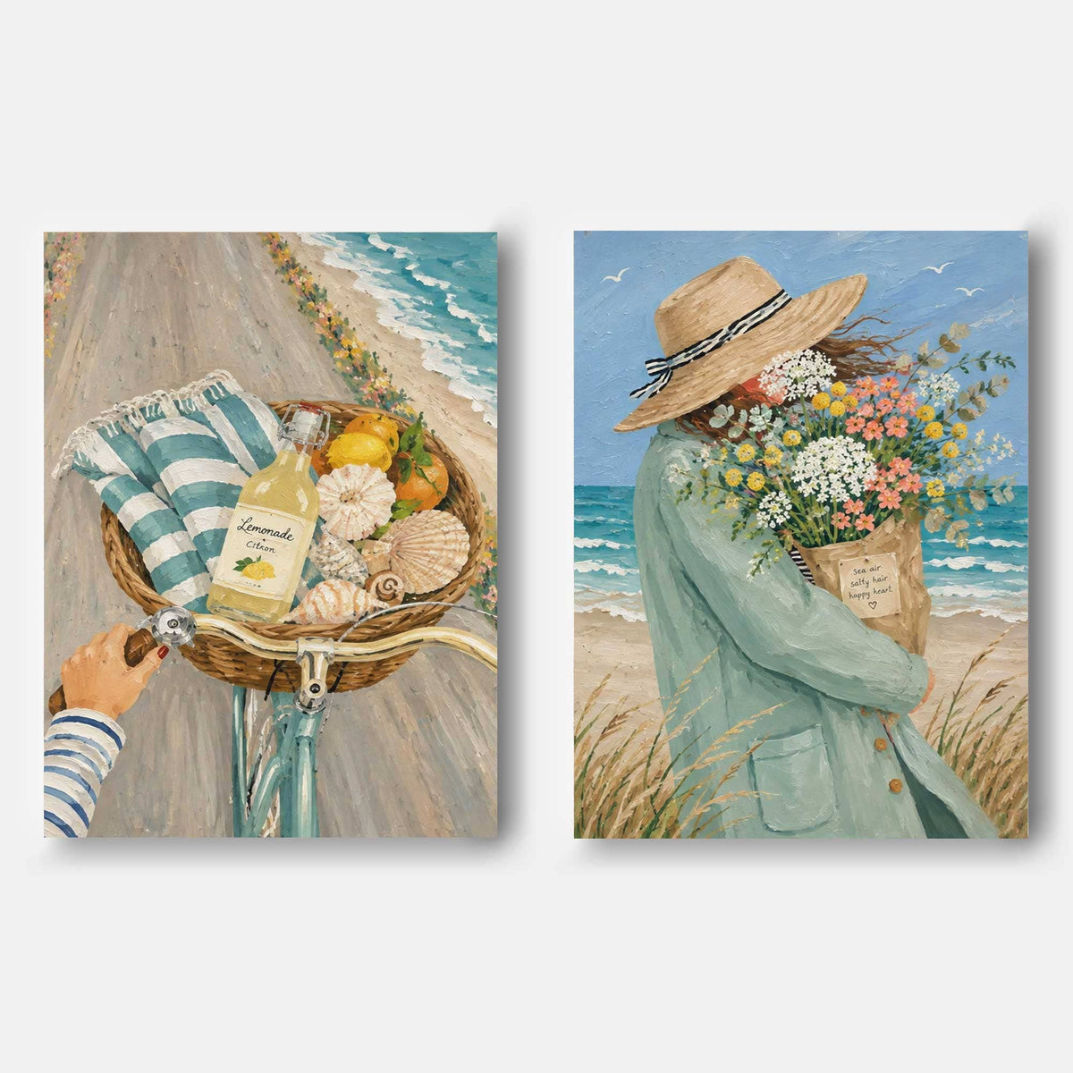 Seaside Bicycle And Flower Girl Hand-Painted Diptych Canvas Art With Blue Ocean