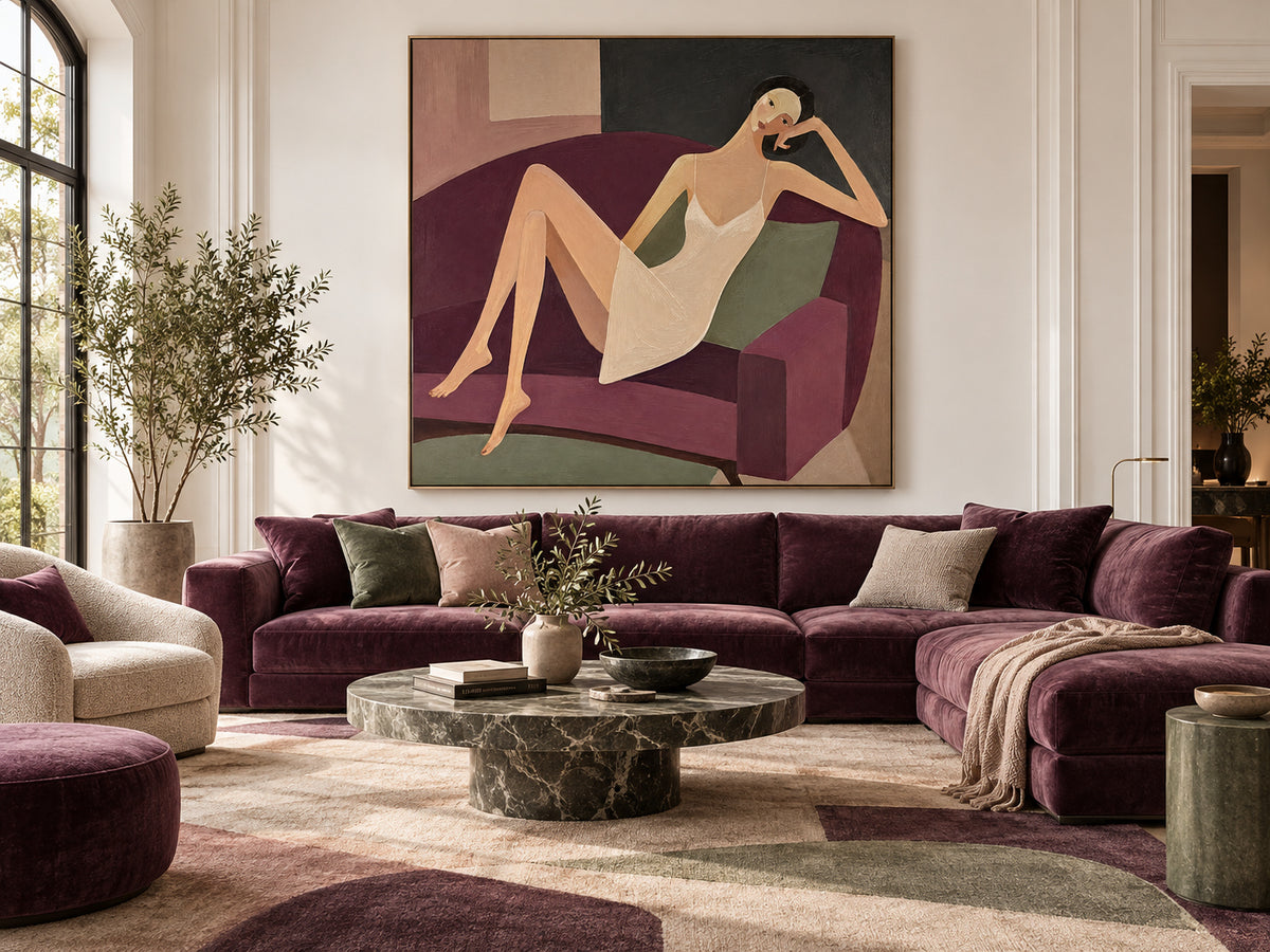 Minimalist Retro Style Canvas Art Textured Painting Of Lady Relaxing On Sofa Original