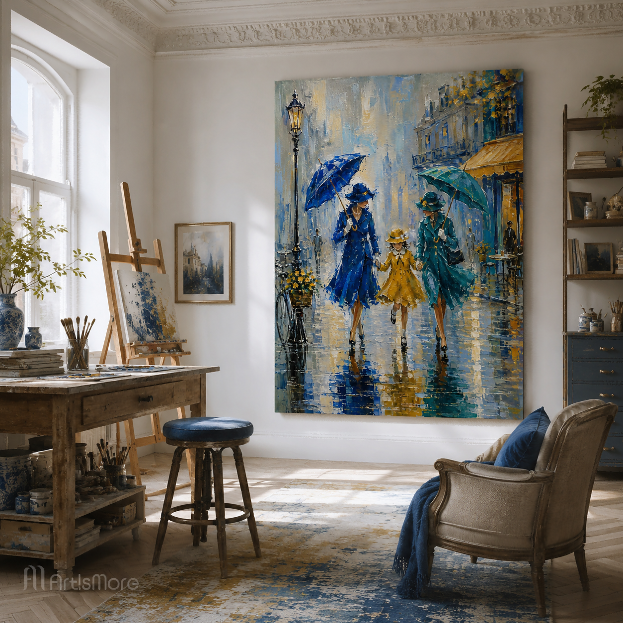 Impressionist City Life Painting With Umbrellas And Reflections In Blue And Yellow Tones
