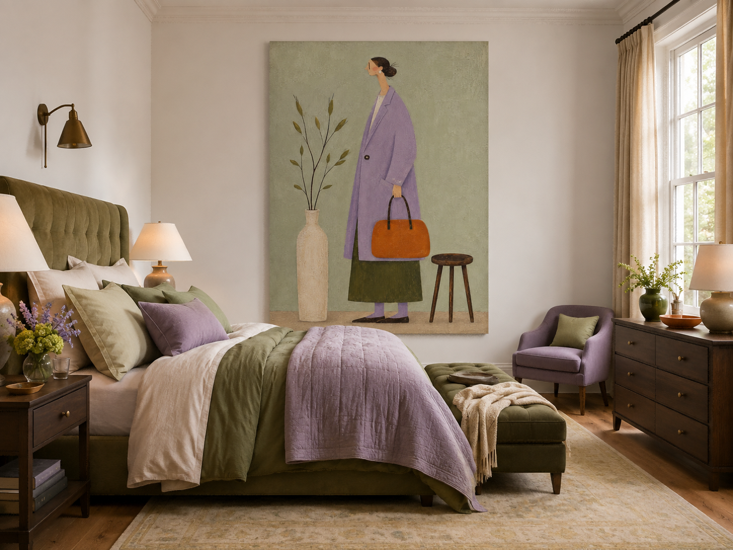 Charming Naive Art Painting Of Woman In Purple Coat For Modern Home Decor